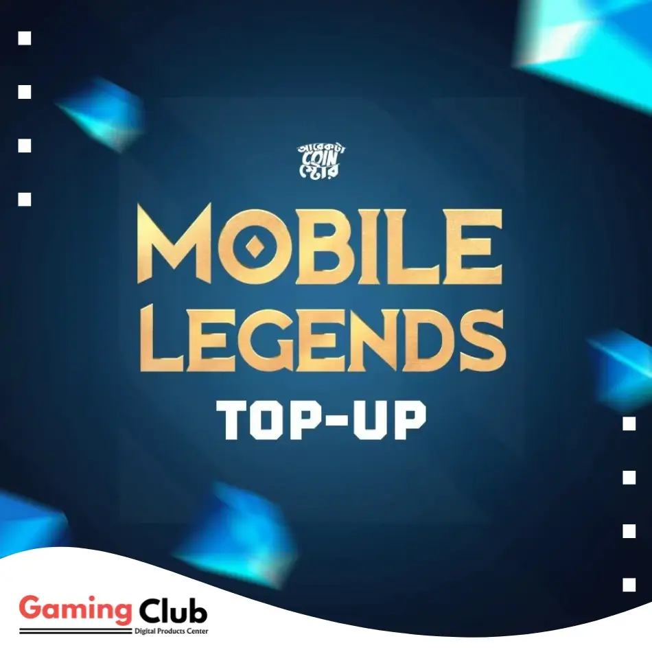 A graphic for Mobile Legends Top-Up, featuring a blue and black geometric background with the words ‘Mobile Legends Top-Up’ in gold letters