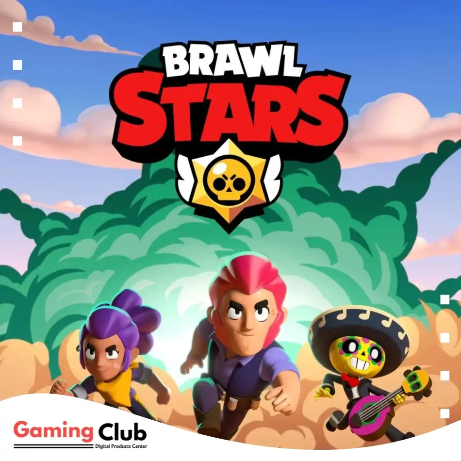 A promotional image for the video game Brawl Stars featuring three characters and the game’s logo