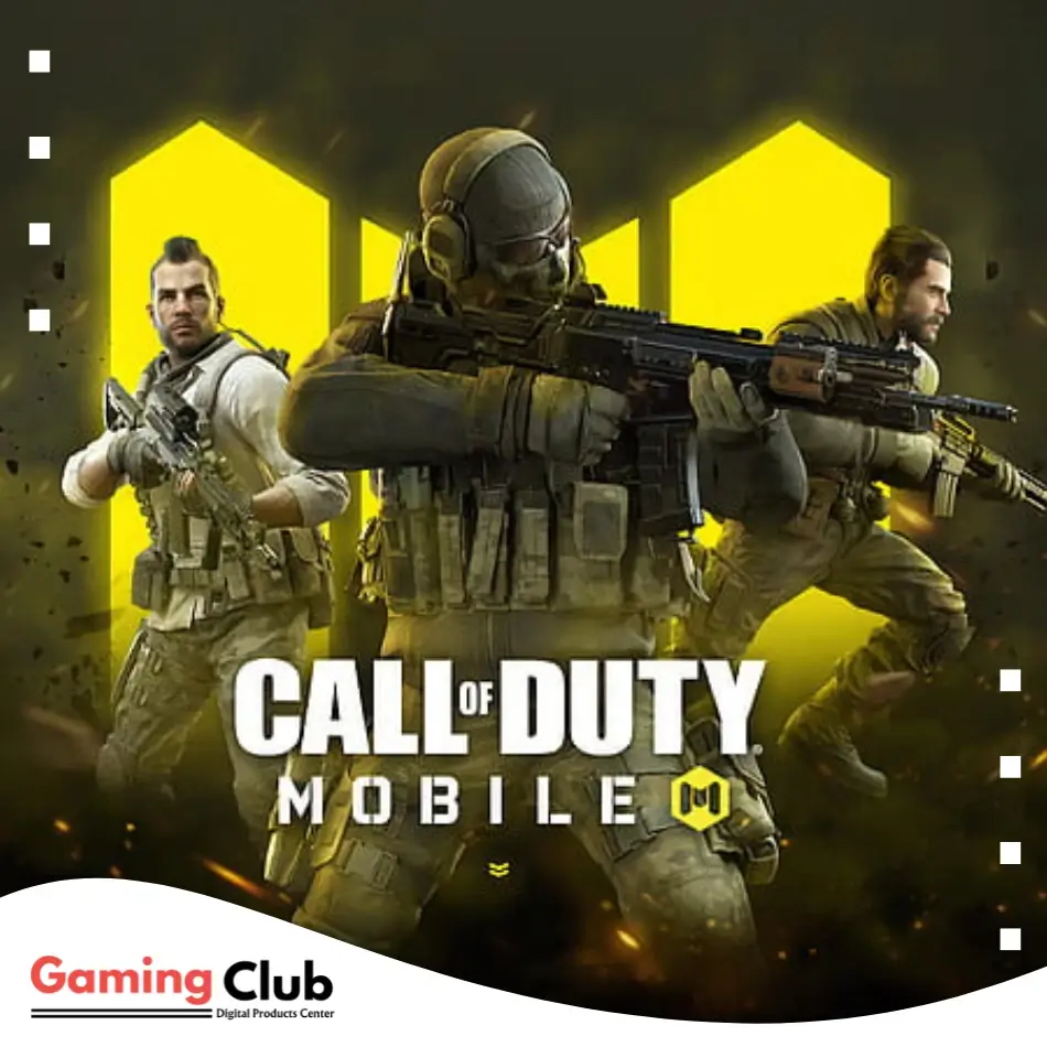 A promotional poster for the mobile game Call of Duty featuring three soldiers with blurred faces and yellow accents.