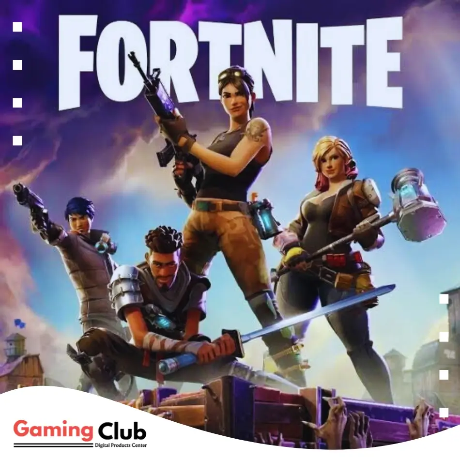 A poster for the video game Fortnite featuring four characters with blurred faces holding weapons, with the text ‘Gaming Club’ and ‘Digital Products Center’ at the bottom.